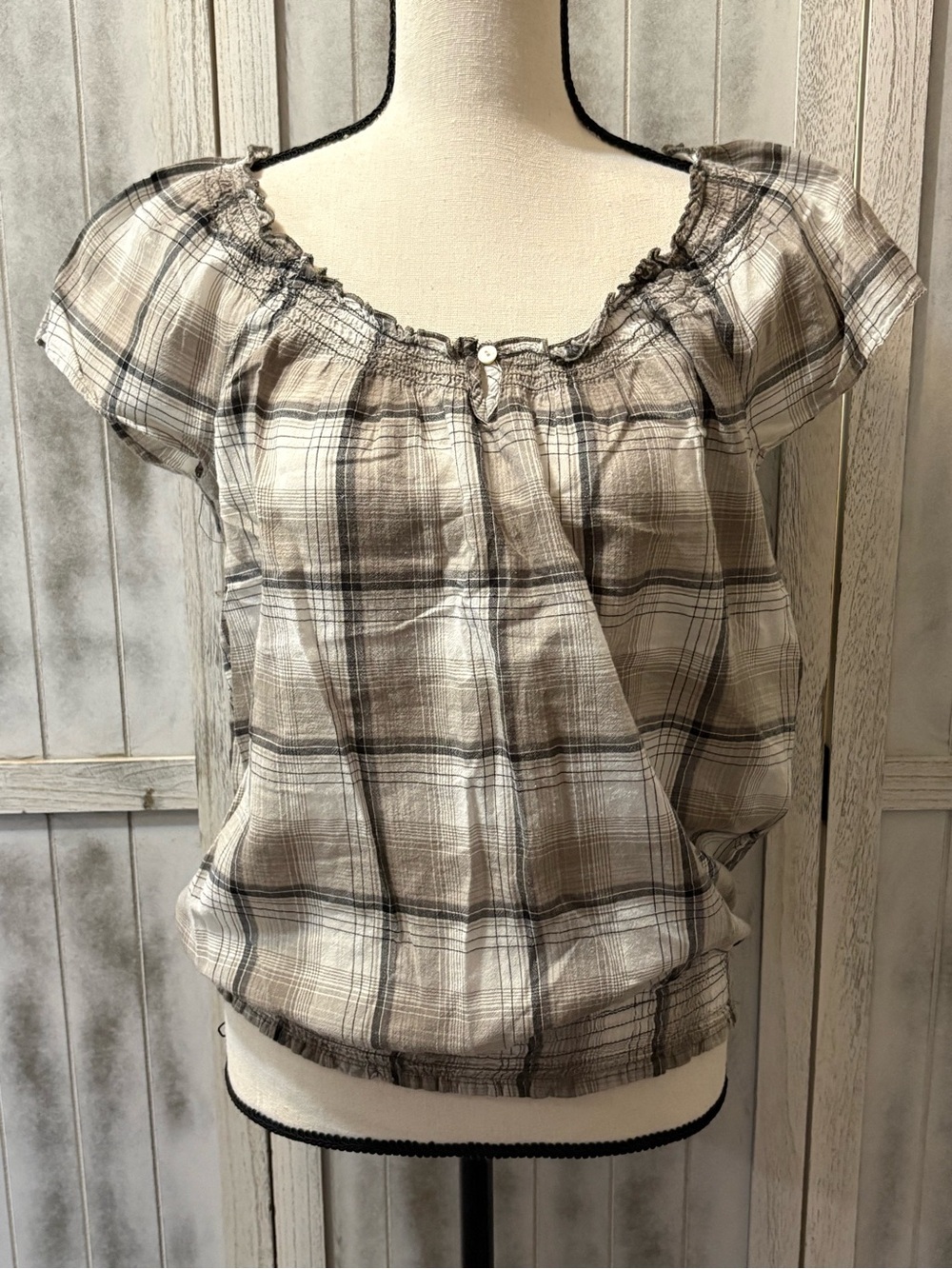 Faded Glory Gray Plaid Smocked Peasant Top